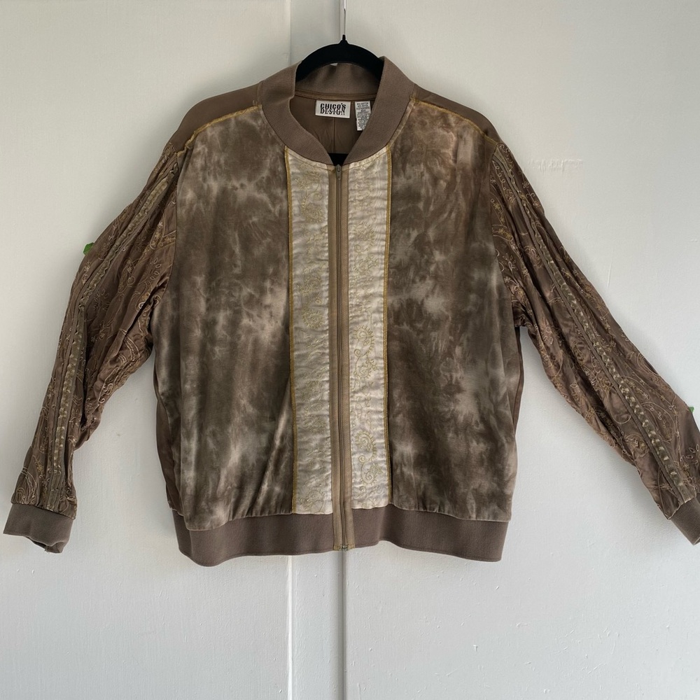Vintage Chico's Taupe Embroidered Panel Bomber Cotton Rayon Jacket Size 3 XL